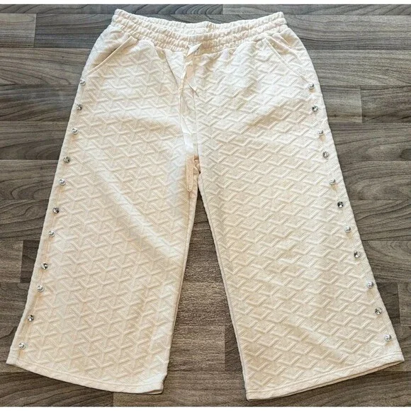 Simply Southern XXL Ivory Quilted Capri Pants Pearl Jewel Rhinestone Embellished - Picture 1 of 11
